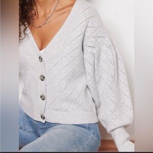 Evereve Mara Pointelle Stitch Cardigan in Light Grey. Size L
